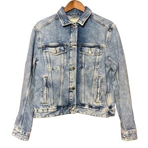 HM LOGG Women Size 6 Acid Wash Blue Denim Floral Embroidered Trucker Jean Jacket